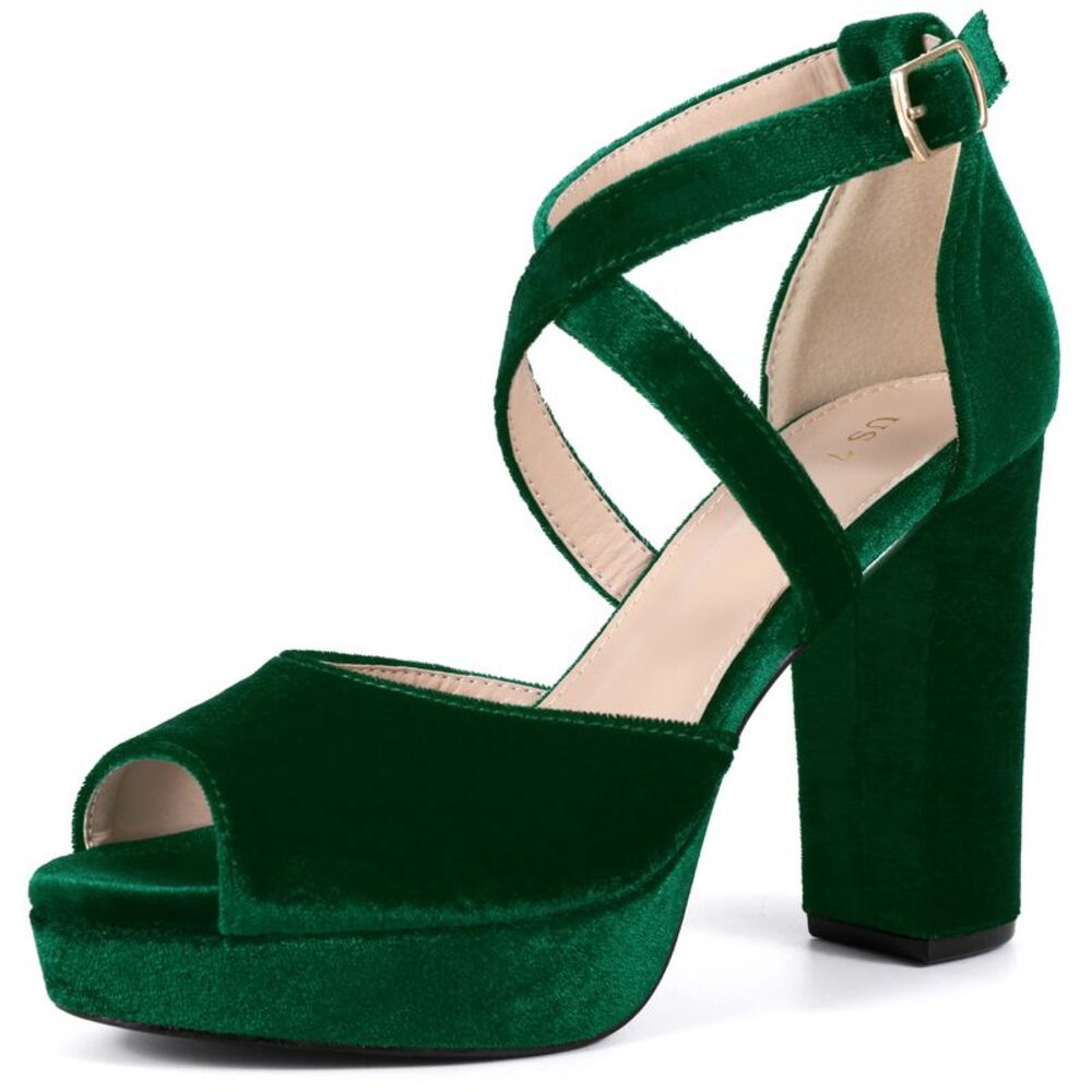 Peep Toe Pumps Velvet Block Heel Platform Sandals Emerald Green